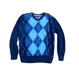 Tommy Hilfiger Men's Navy and Light Blue Argyle V-Neck Sweater